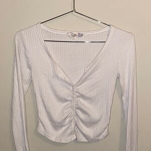 White Ribbed V-Neck Button Up Top